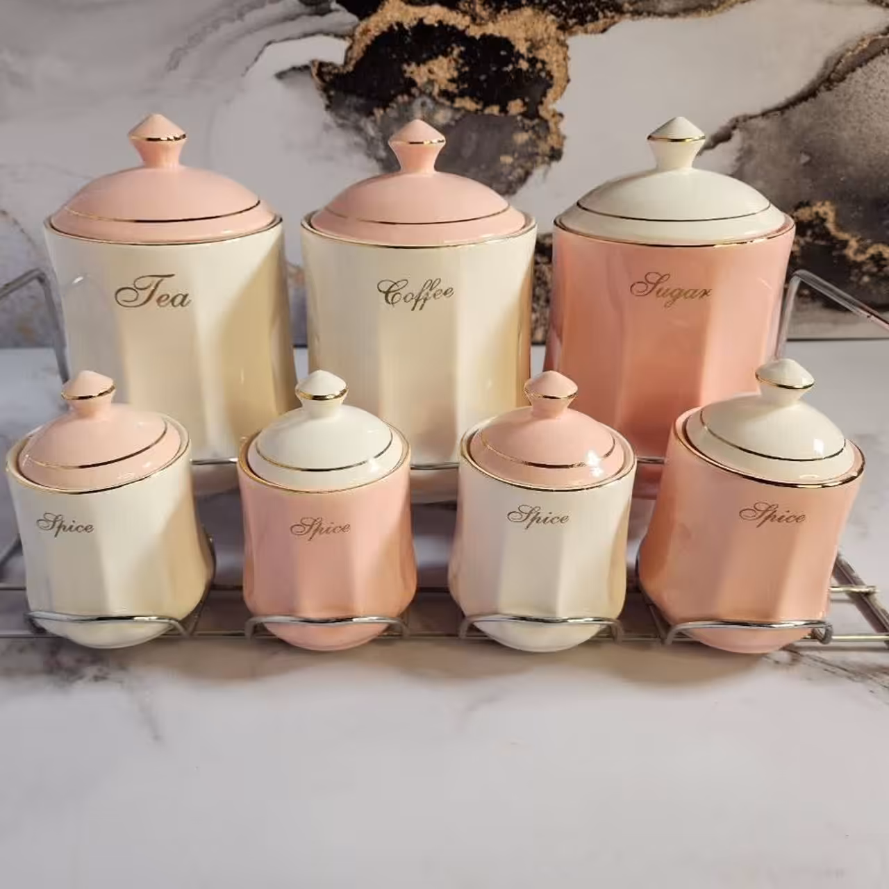 سرویس پاسماوری سرامیکی 7 پارچه با استند استیل دو خط طلا