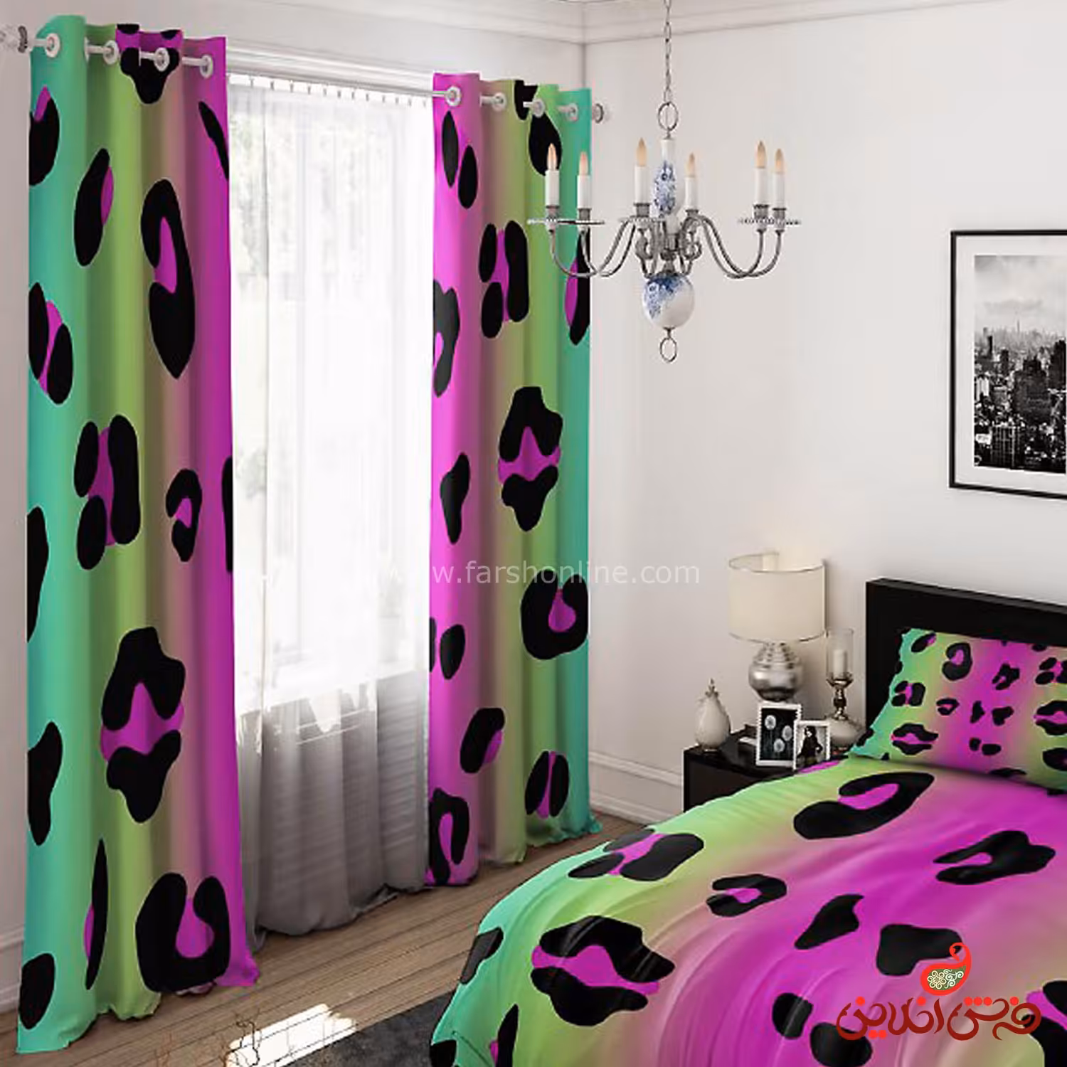 پرده 2 عددی طرح پلنگی سبز بنفش کد 15263/1