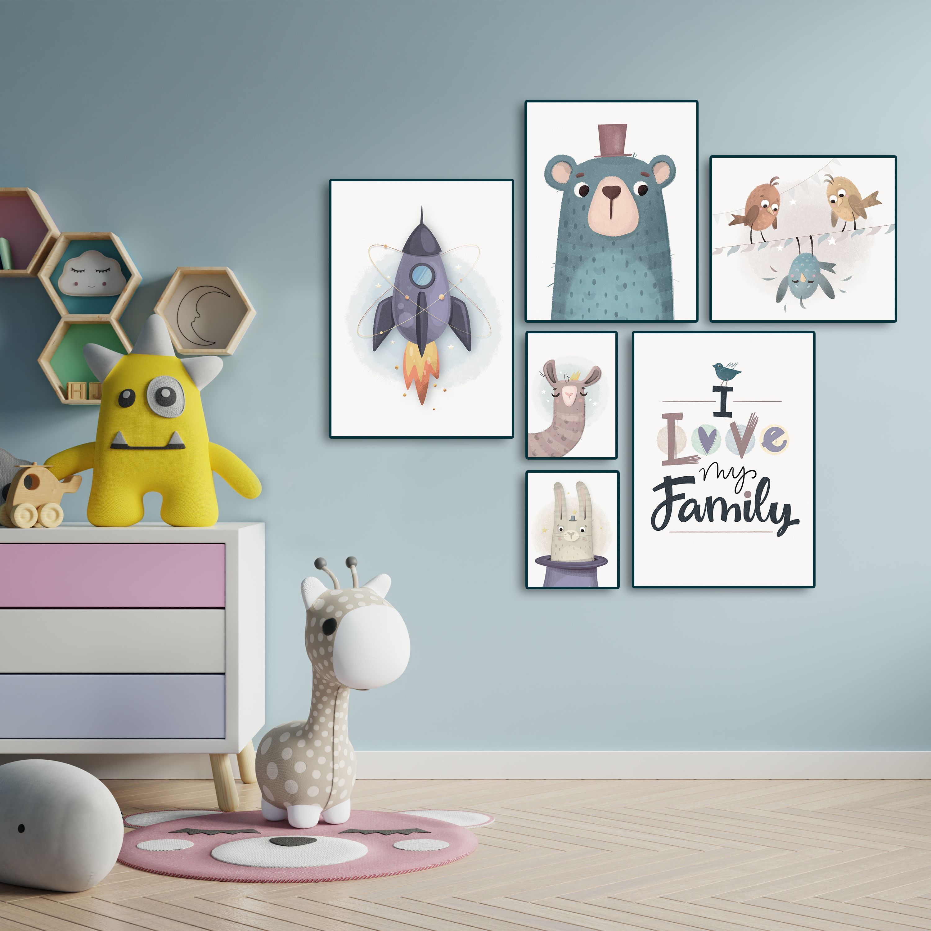 تابلو شاسی اتاق کودک طرح  i love my family بسته 6عددی
