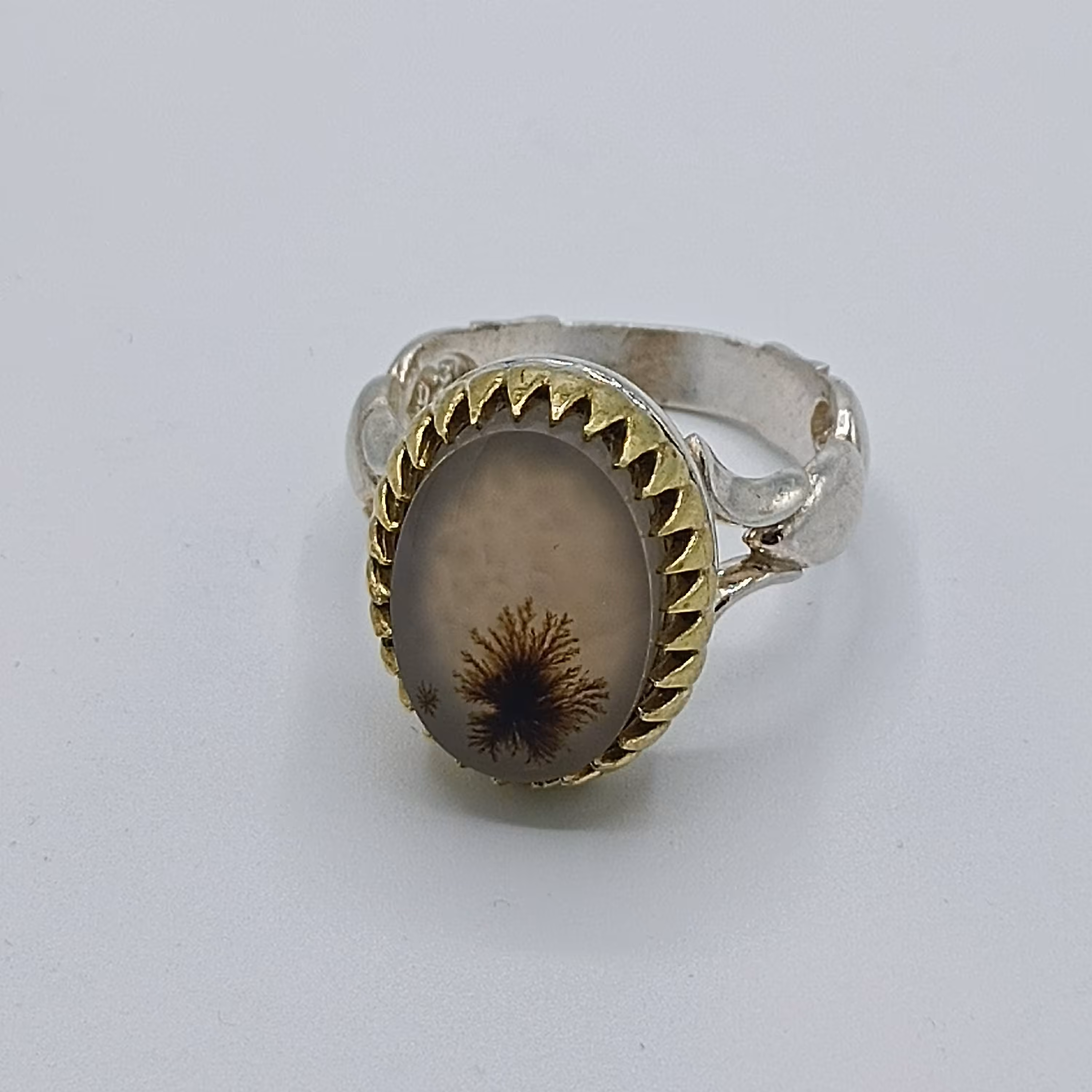 انگشتر نقره مردانه عیار 925رکاب نقره نیمه دست تاج برنجی نگین عقیق شجر تک درخت قائنات اصیل و معدنی کد 869