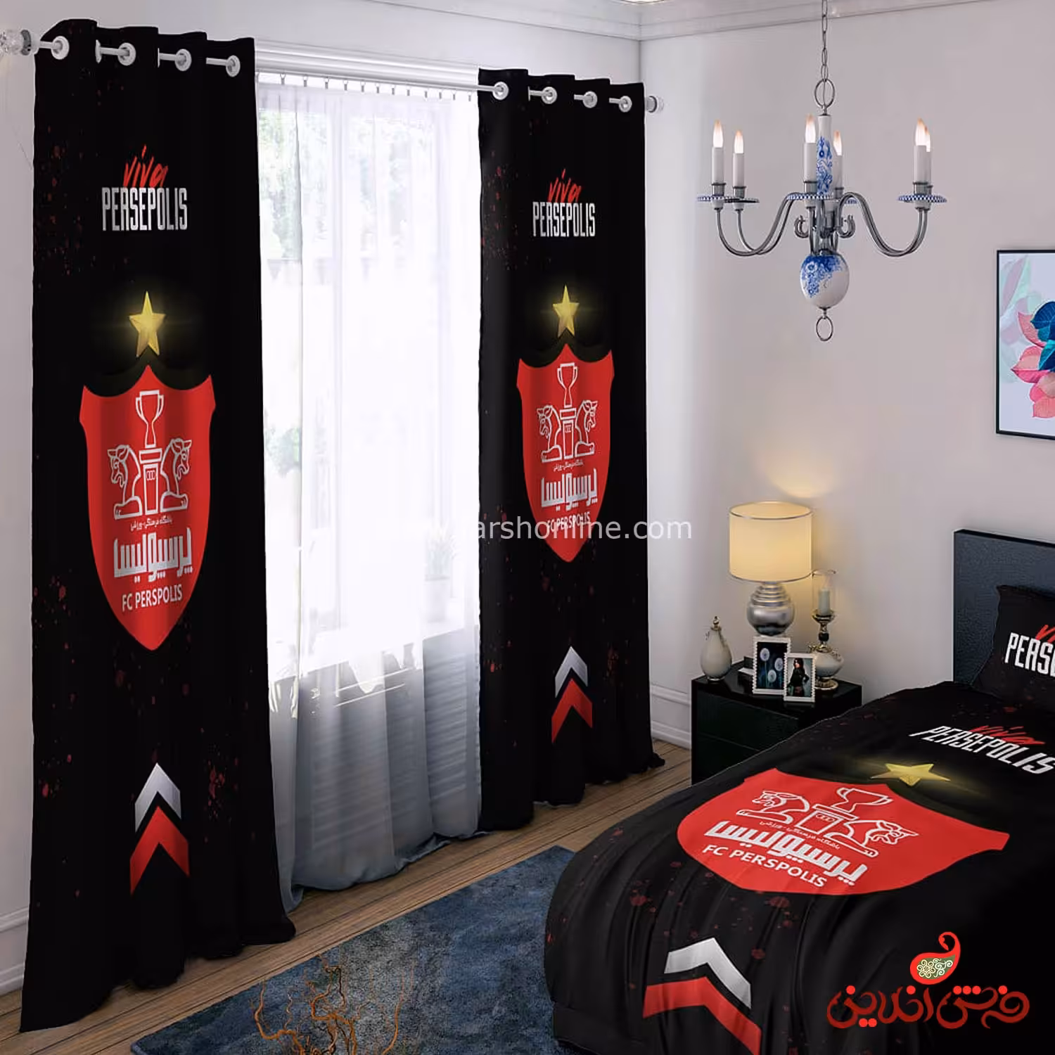 پرده 2 عددی کد 15627/1 طرح لوگوی تیم پرسپولیس(پس زمینه مشکی)