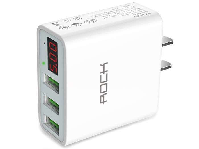 شارژر دیواری سریع 3 پورت راک Rock T14 3-Port Travel Charger With Digital Display