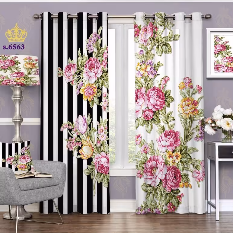 پرده پذیرایی دو قواره پانچ گلدار طرح نقاشی شاخه گل کد S6563