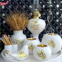 ست رومیزی سفالی طرح عشق + وان یکاد (جا شمعی ، گلدان ، چراغ ، سینی ،جاکبریتی ،پرنده)