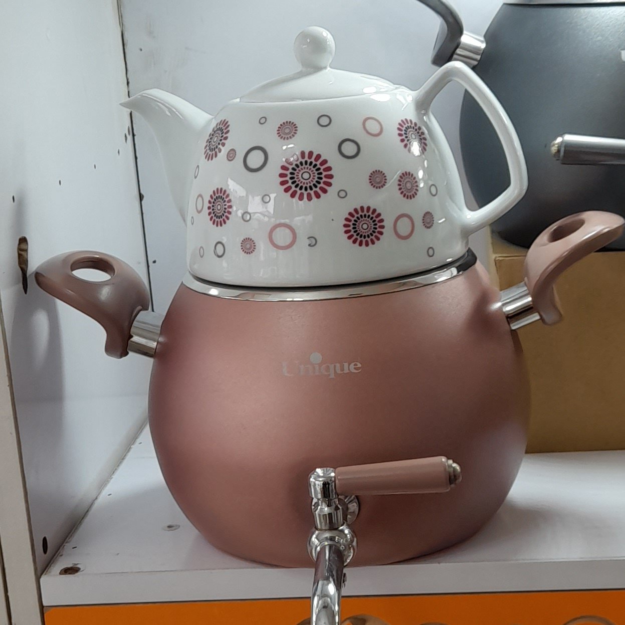 کتری و قوری یونیک شیر دار تمام چدن داخل و بیرون گرانیتی   قوری چینی حجم 3 لیتر