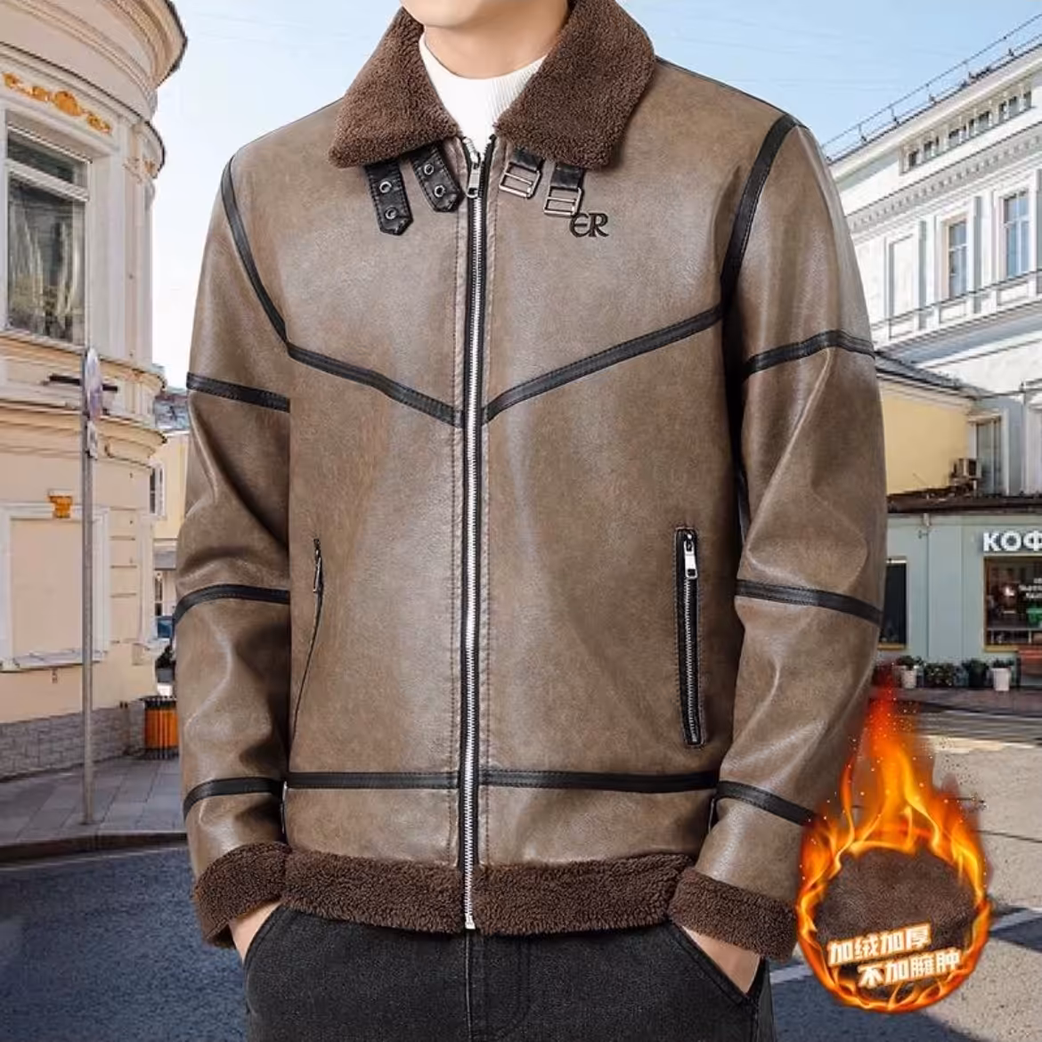 کاپشن چرم مردانه یقه انگلیسی داخل خزدار 