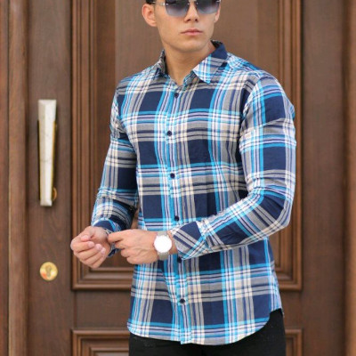 پیراهن نخ پنبه چهارخانه جدید و شیک رنگ آبی