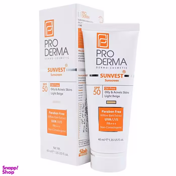 کرم ضد آفتاب پرودرما (Proderma) با SPF 50 مناسب برای پوست چرب رنگ بژ روشن حجم 50 میلی لیتر