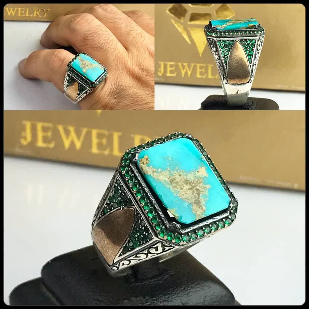 انگشتر زیبای فیروزه نیشابورچهارگوش رکاب اسپرت چنگی مخراجی کاری نگین سبز عیار نقره925ارسال رایگان