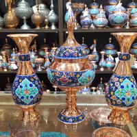 ست گلدان و شکلات خوری مس و پرداز با 4 لایه روکش پلی استر  و جنس زیر کار مس و رویه مینیاتور پرداز