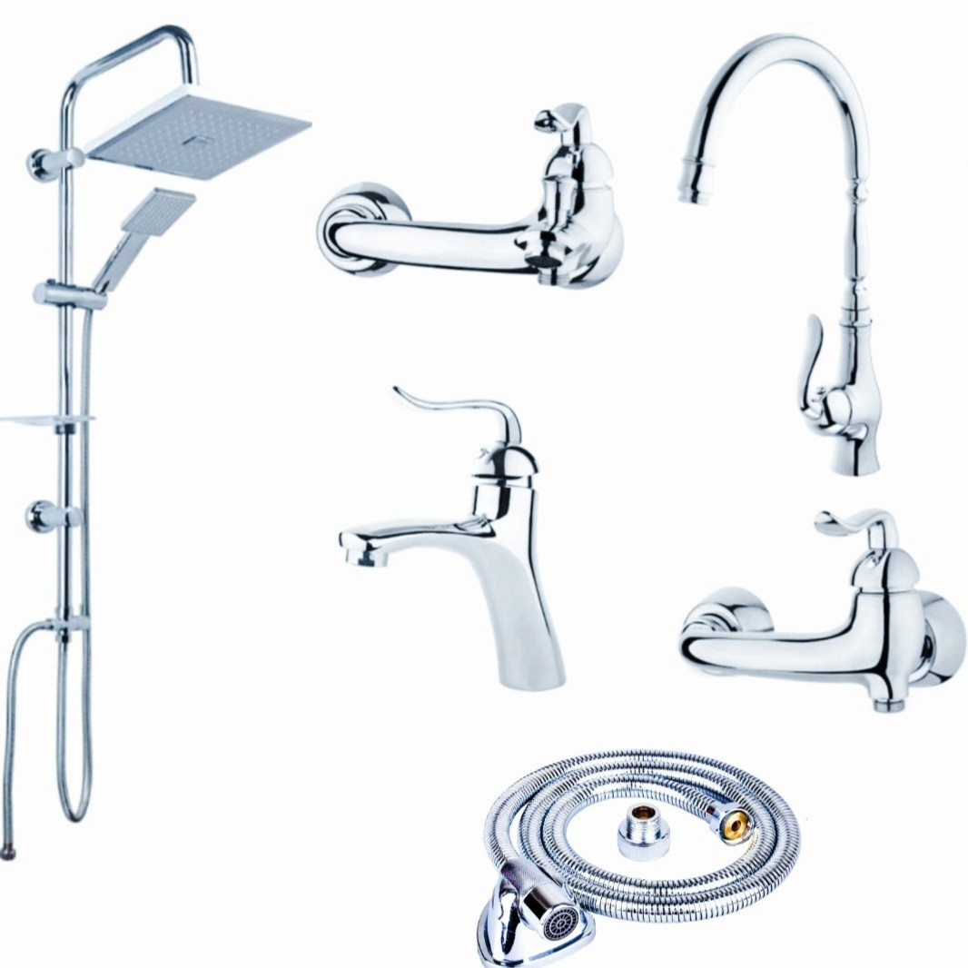 ست شیرالات رز مدل راش نایت مجموعه 6 عددی کروم به همراه علم دوش دوکاره رسوبگیردار اتومات و شلنگ سرویس بهداشتی 