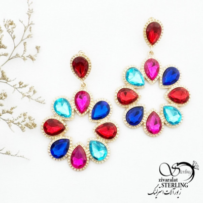 گوشواره جواهری با نگین رنگی کد 13306