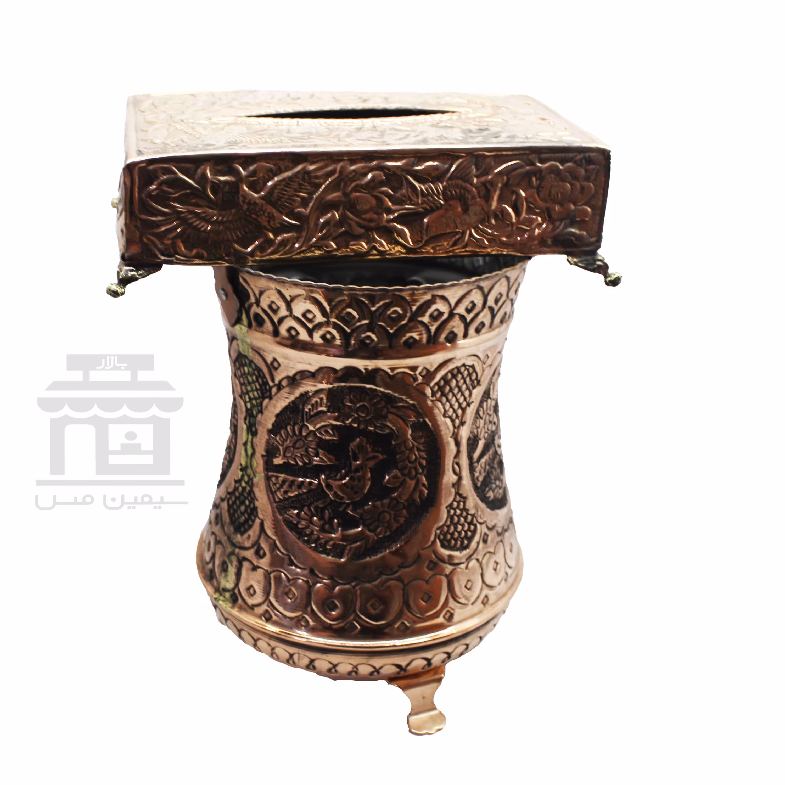 سطل آشغال و جا دستمال کاغذی مسی طرح گل و بلبل