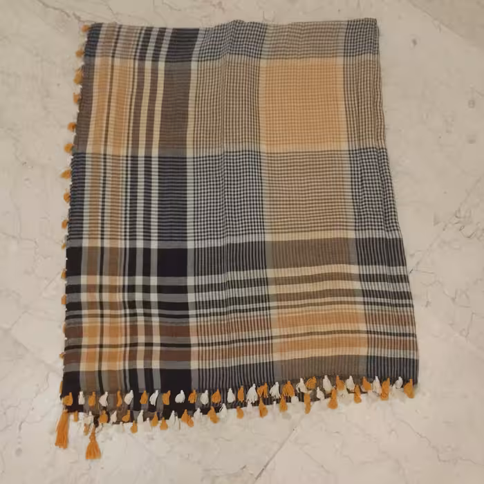 چفیه نخی توسی مشکی نارنجی کرم سفید خردلی روسری چهار خونه قواره دار بزرگ جنس عالی ابعاد 120 