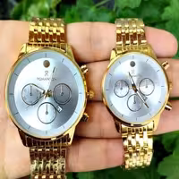 ست ساعت رومانسون تقویم دار قفل فشاری صفحه نقره ای بند طلایی  کیفیت عالی