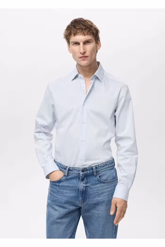 پیراهن / بلوز دکمه دار آبی مردانه نخی کشش معمولی اورجینال MANGO Man