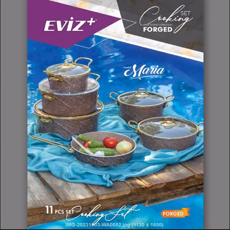 سرویس قابلمه 11 پارچه EVIZ PLUS مدل ماریا دسته طلا نسکافه ایی 