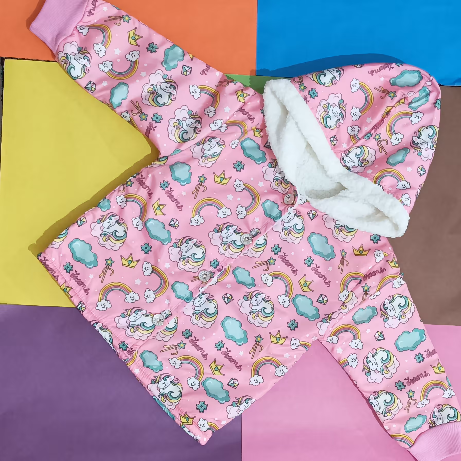 سیسمونی نوزادی دخترانه کاپشن خز دار  طرح یونیکورن صورتی (لباس گرم نوزادی)