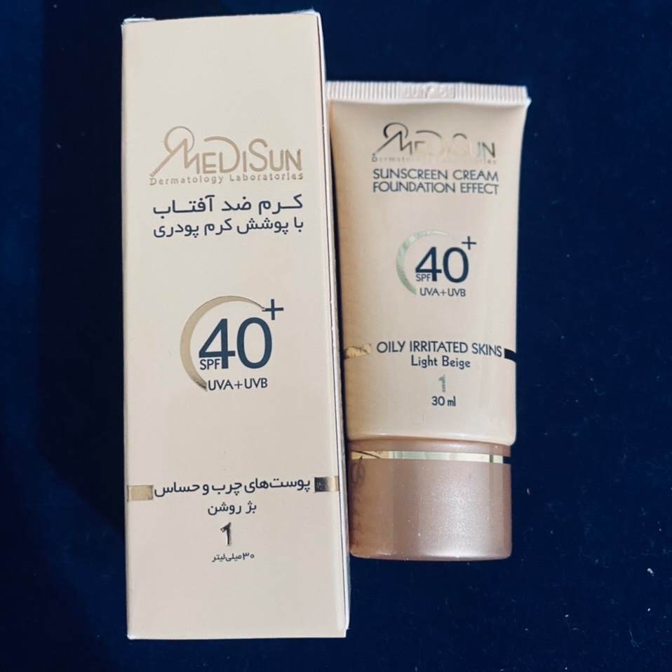 کرم ضد آفتاب بژ روشن پوست چرب با پوشش کرم پودری spf 40درصد مدیسان