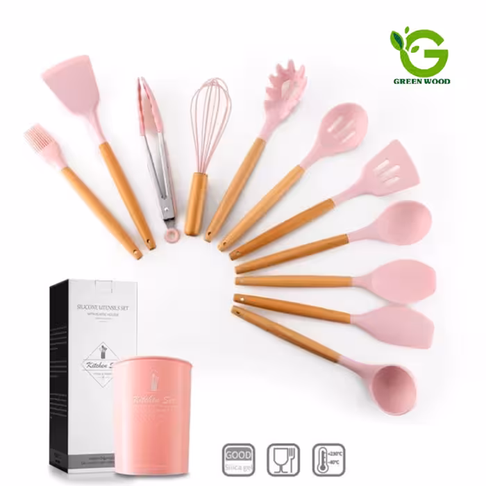 سرویس کفگیر و ملاقه 12 پارچه سیلیکونی دسته بامبو برندکیچن ست مدلPinkکدGw40102005