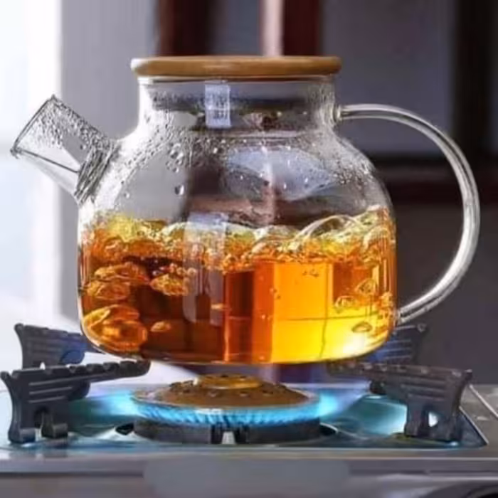 قوری پیرکس شعله مستقیم در بامبو زیره ی درب استیل با کیفیت عالی حجم یک لیتری