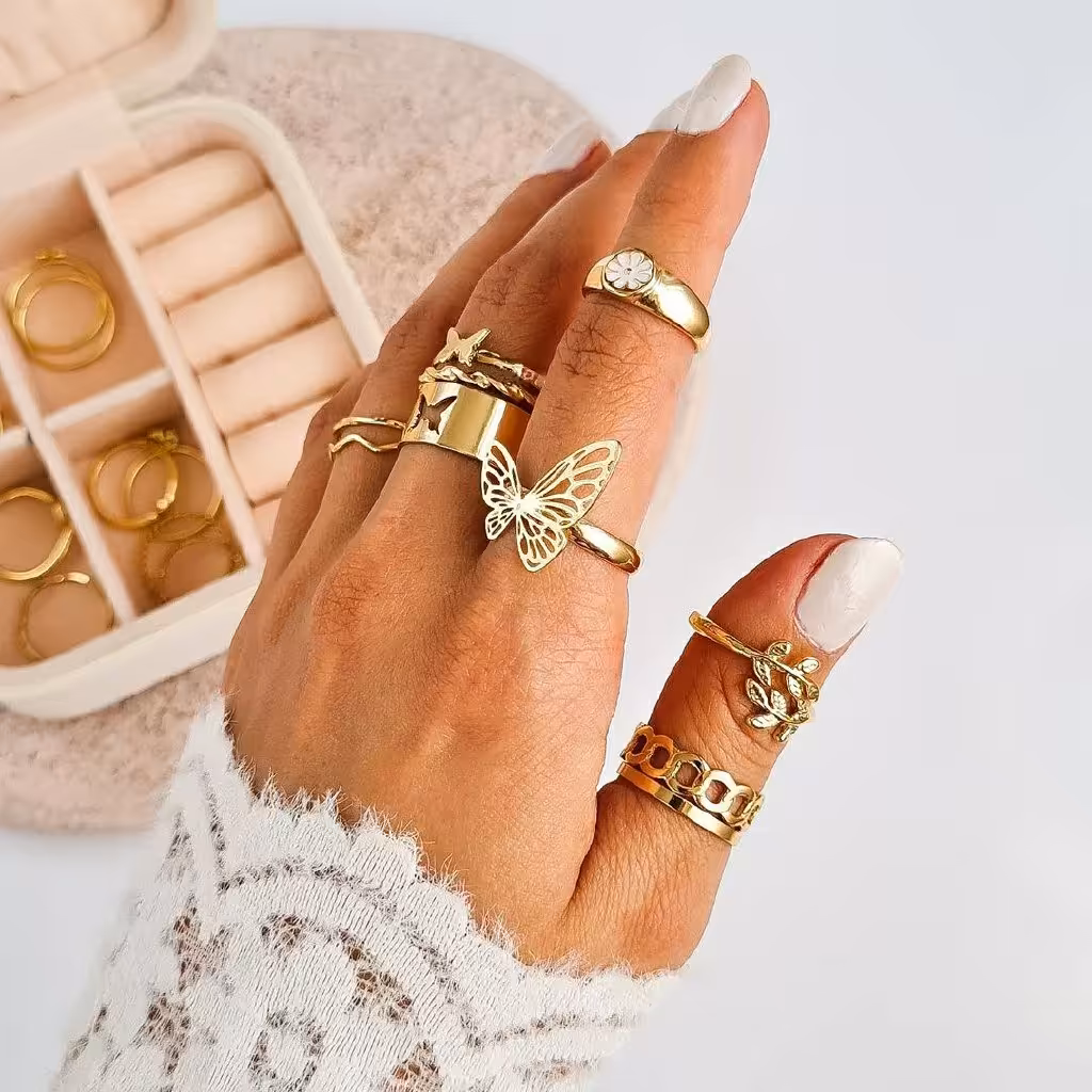 پک انگشتر 10 عددی پروانه رنگ طلایی و سیلور 