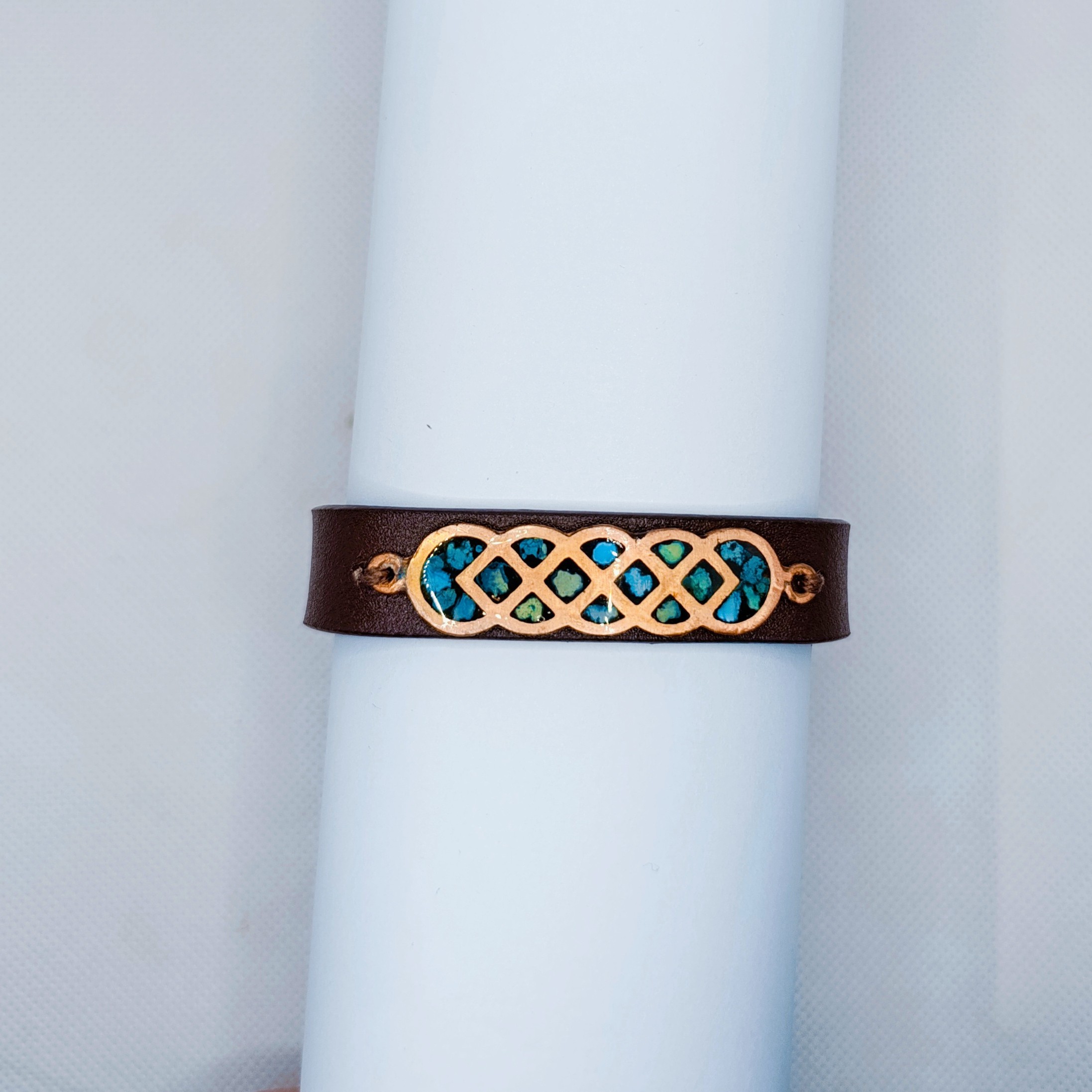 دستبند چرم مس فیروزه کوبی در دورنگ چرم قهوه ای ومشکی