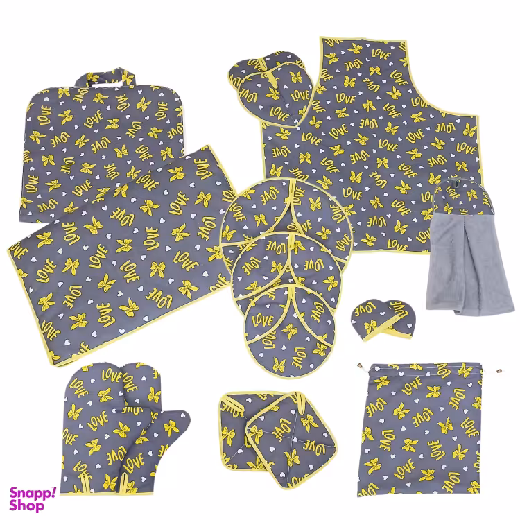 ست پیش بند و دستگیره و دم کنی آشپزخانه 16 پارچه مدل love