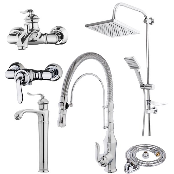 ست شیرآلات مدل هلن  پایه بلند با ظرفشویی فنری و با دوش حمام فلت و شلنگ 