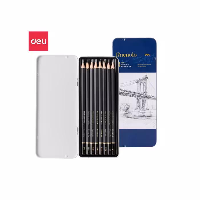 ست مداد طراحی دلی جعبه فلزی 8 عددی Deli drawing pencil set