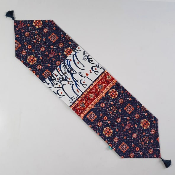 رانرجلو مبلی  مخمل آستر دار طرح   فرشخط سورمه ایی   ( سایز 35x105 ) منگوله دار