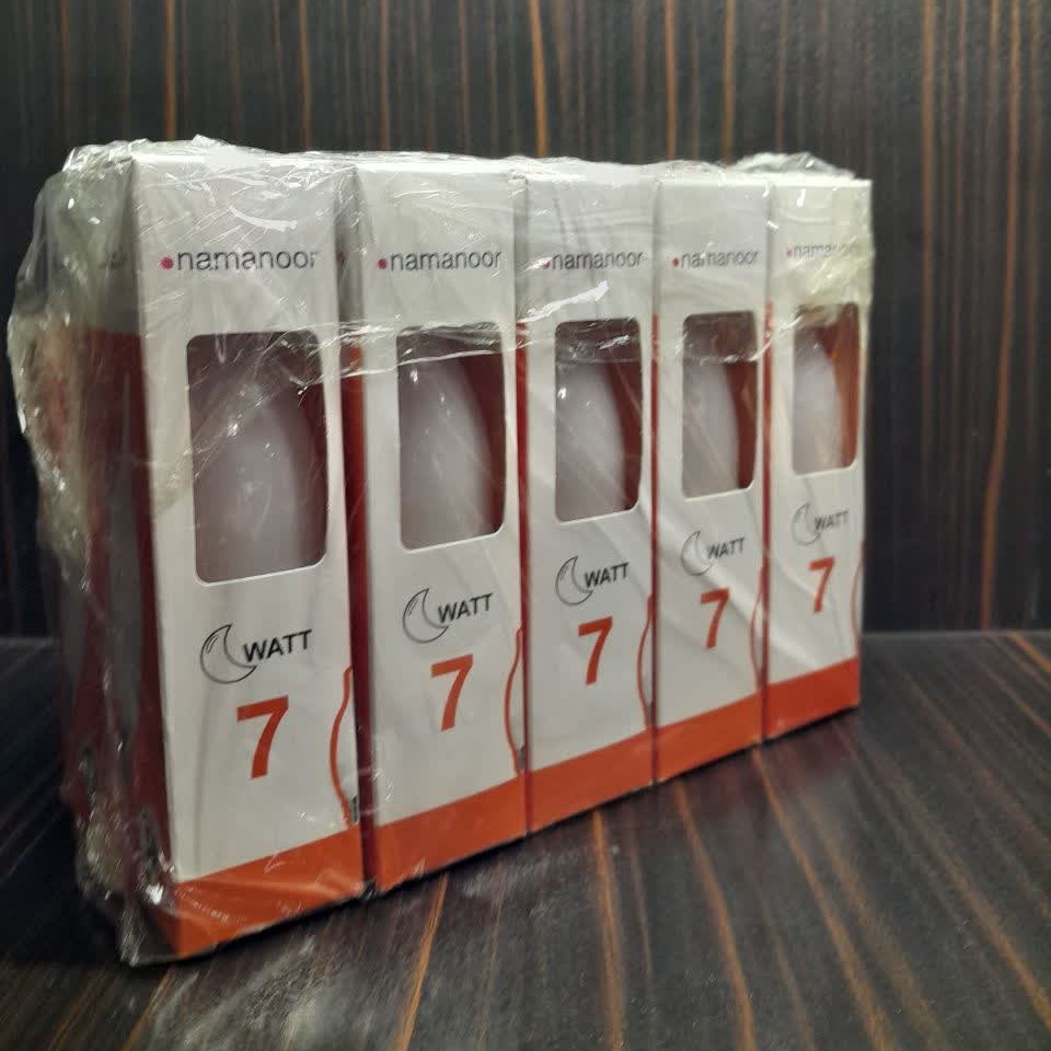 لامپ 7 وات لوستری اشکی نمانور در بسته بندی 25 عددی با نور مهتابی و آفتابی و صدفی با گارانتی 18 ماهه تعویض