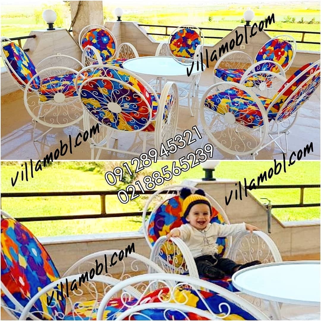 مبل باغی فلزی مدل کالسکه ست 6 نفره با میز قطر 120 سانت با ارسال پس کرایه