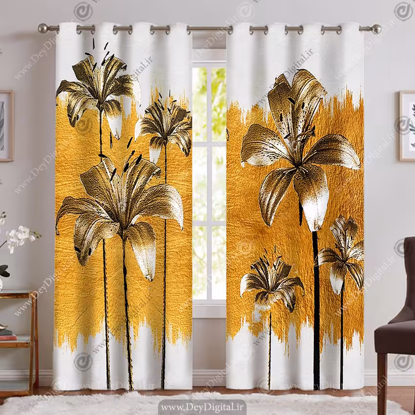 پرده پانچی اتاق خواب طرح گل های زرد نقاشی PK-5386