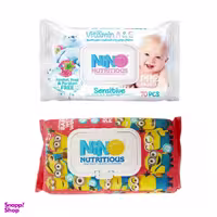 دستمال مرطوب کودک نینو (Nino) مدل Sensitive بسته 70 عددی به همراه دستمال مرطوب کودک نینو بسته 50 عددی