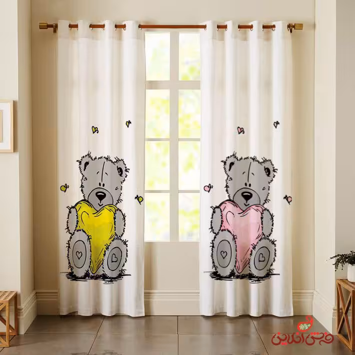 پرده 2عددی کودک طرح خرس و قلب قرمز و زرد کد 2583
