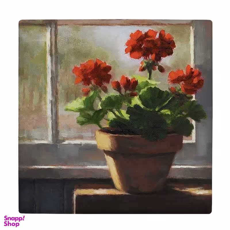 زیر لیوانی طرح نقاشی گلدان شمعدانی پشت پنجره کد 6078841_5031