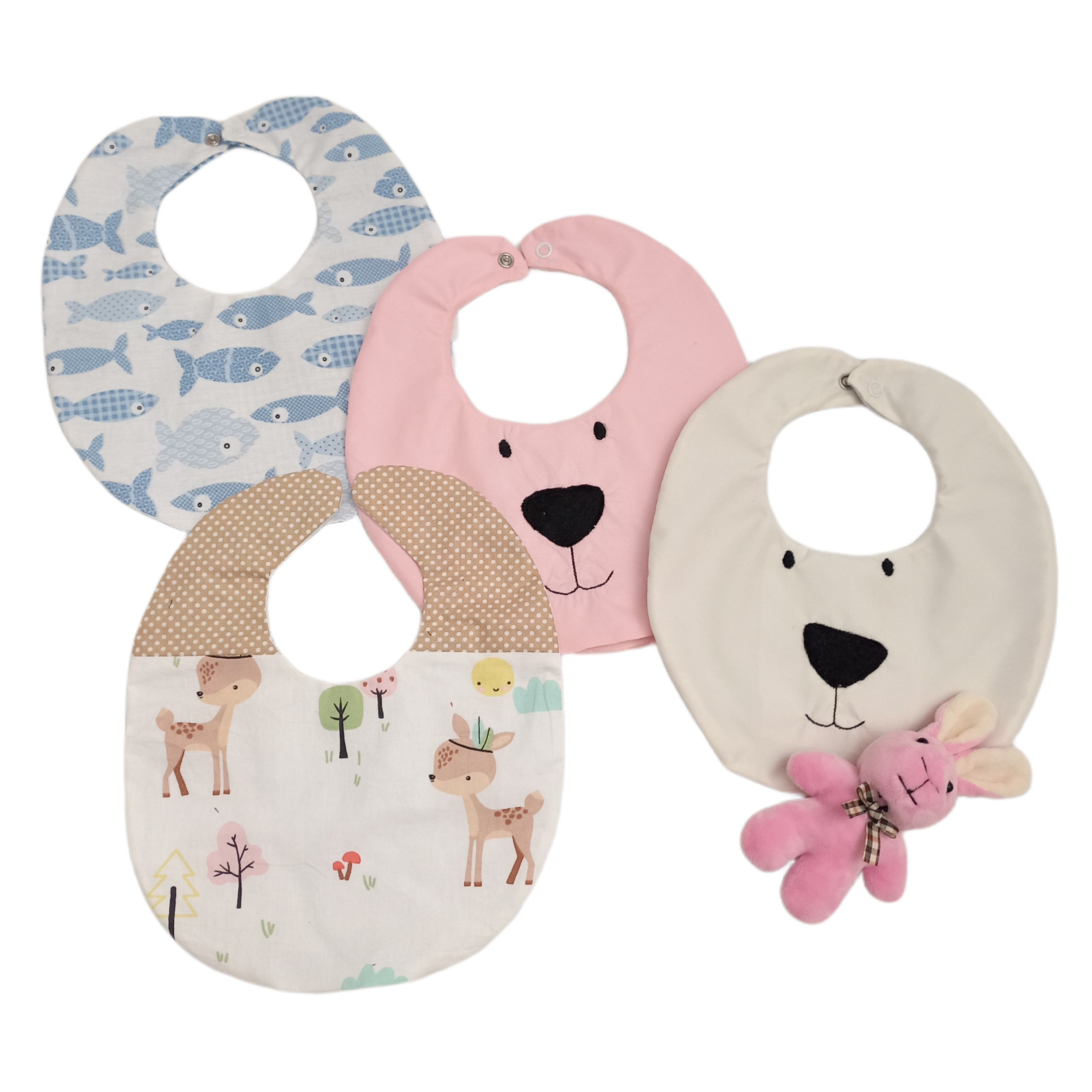 پیشبند نوزاد پک 20 عددی چهار رنگ ومدل پارچه عروسکی ها کتان نخ ترک و گلدوزی ها پارچه میکرو 