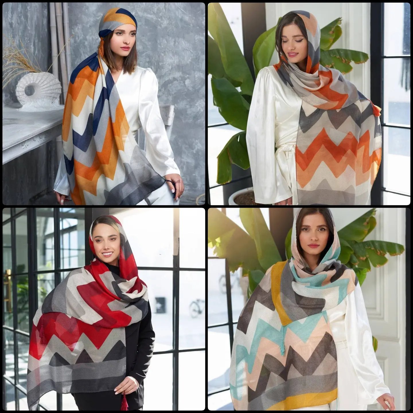 شال نخی ژاکارد منگوله‌دار چهارفصل 5رنگ