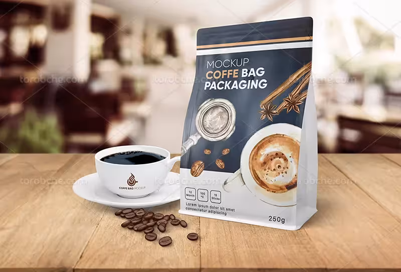 موکاپ لایه باز پاکت قهوه | گرافیک با طعم تربچه