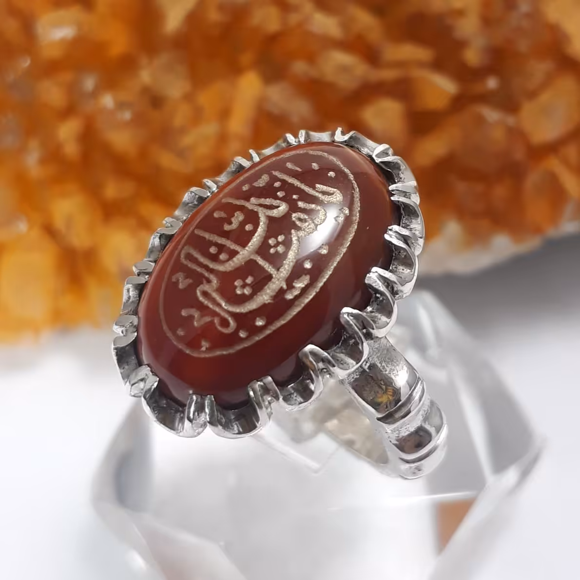 انگشتر نقره مردانه نگین عقیق سرخ خط یا بقیه الله کد 8631