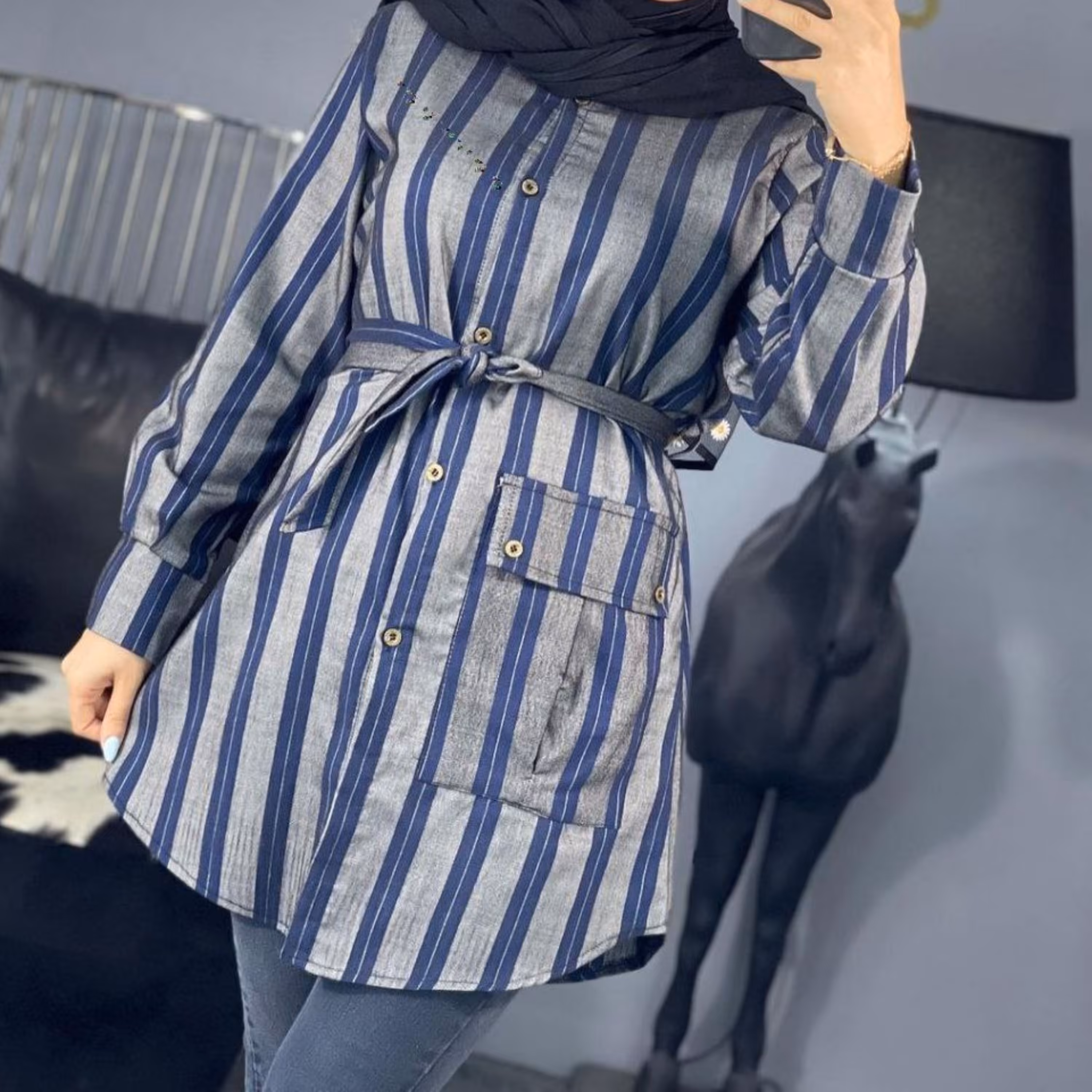 مانتو نخ ترک دوبل کجراه (کمربند خور و دکمه دار)