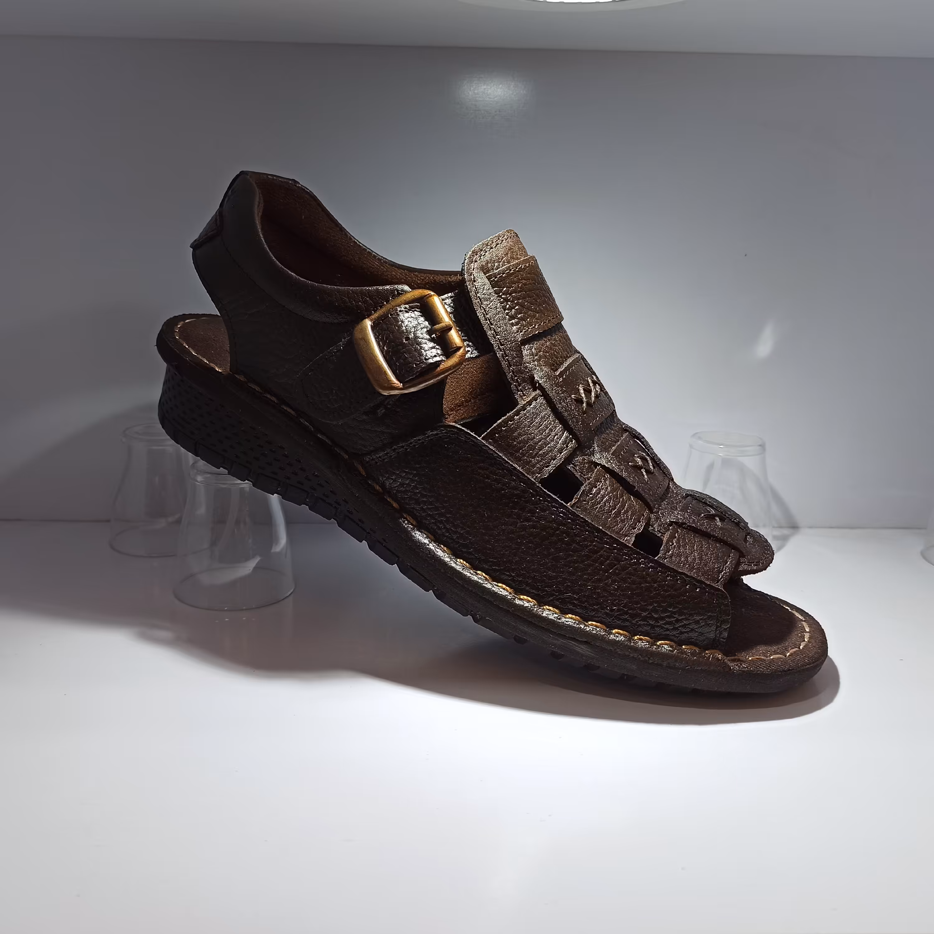 کفش طبی تابستانی مردانه قهوای چرم طبیعی 