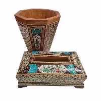 ست جعبه دستمال کاغذی و سطل خاتم کاری مدل گل و مرغ 