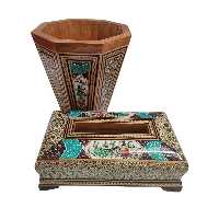 ست جعبه دستمال کاغذی و سطل خاتم کاری مدل گل و مرغ 