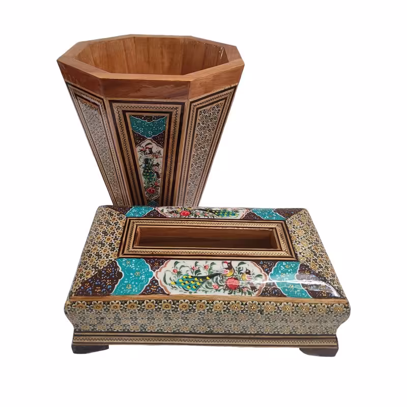 ست جعبه دستمال کاغذی و سطل خاتم کاری مدل گل و مرغ 