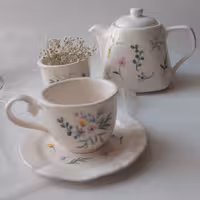 ست چایخوری سرامیکی.دو فنجان نعلبکی و قوری و قندان(هزینه ارسال پس کرایه)