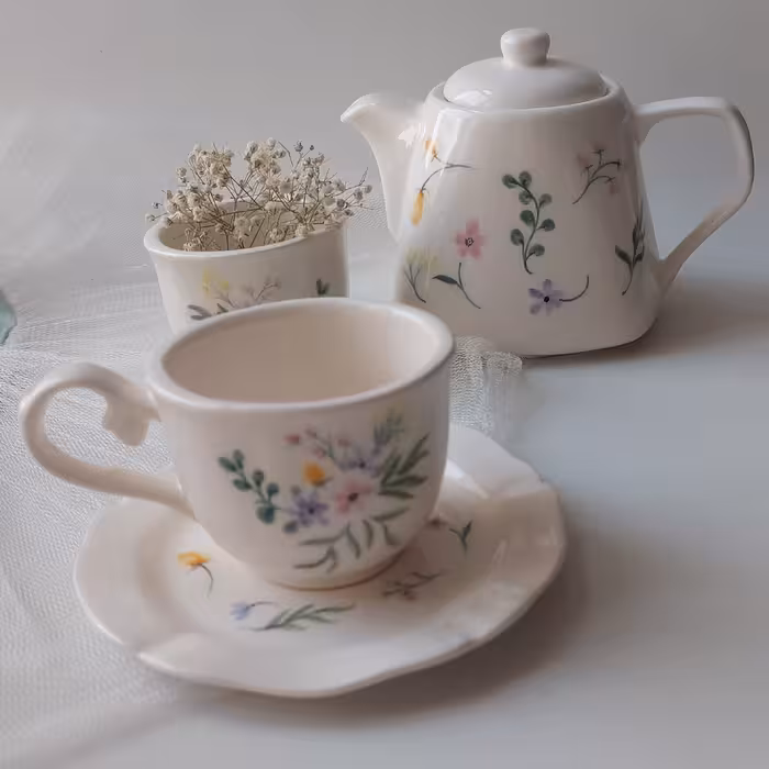 ست چایخوری سرامیکی.دو فنجان نعلبکی و قوری و قندان(هزینه ارسال پس کرایه)