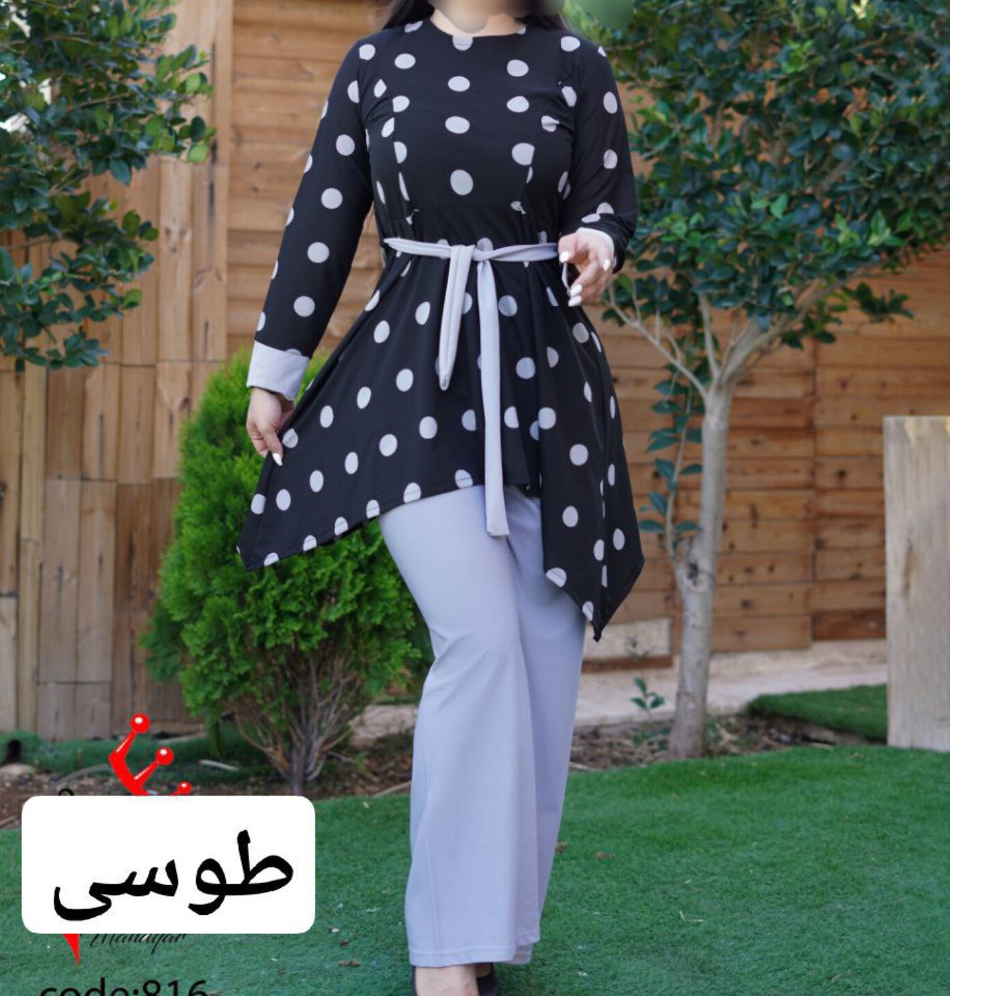 تونیک شلوار کمربندی خال درشت 816