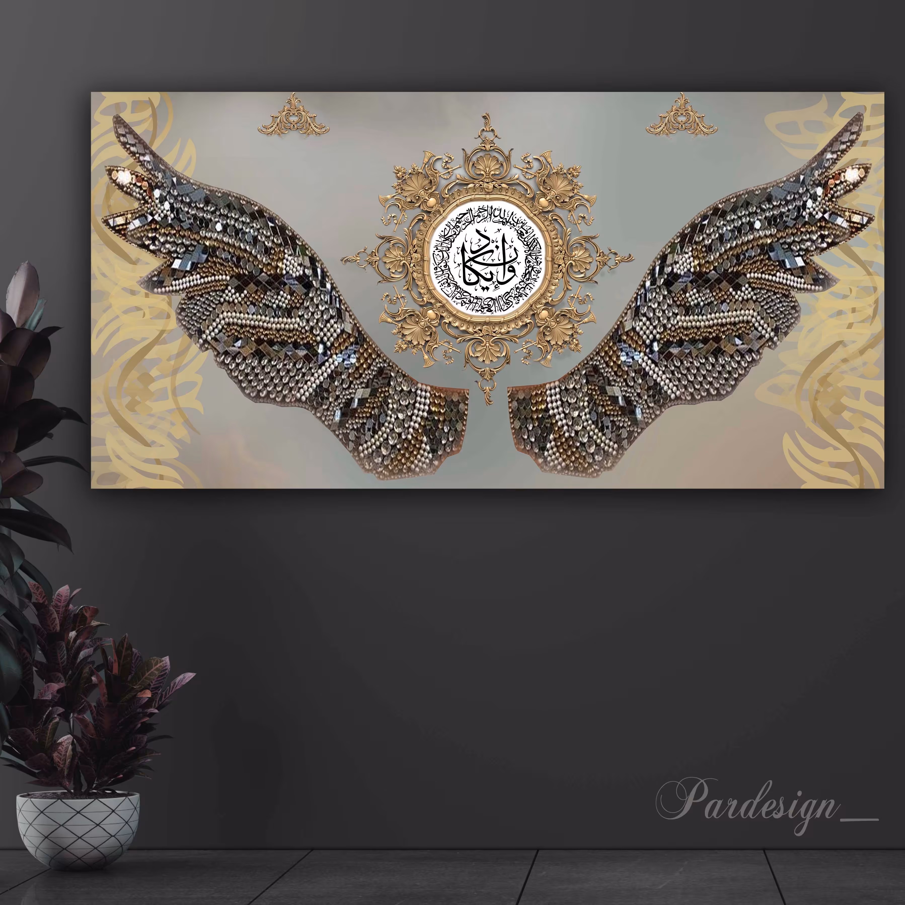 تابلو و ان یکاد و بال میکس مدیا روی بوم با نگین سایز پیشنهادی140-70 